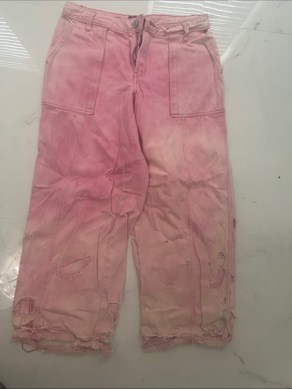 Women’s Pink Distressed Wide-Leg Jeans